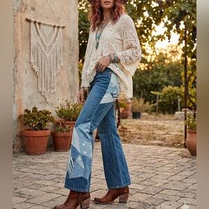Tommy Hilfiger Blue Patchwork Flare Jeans boho bohemian denim y2k vintage fit 26